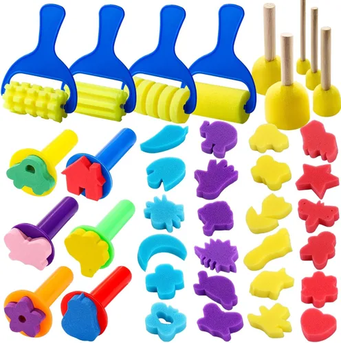 YGDZ Pinceles de esponja para niños, 39 piezas de pinceles de esponja para niños pequeños, sellos de pintura de espuma, herramientas de dibujo y