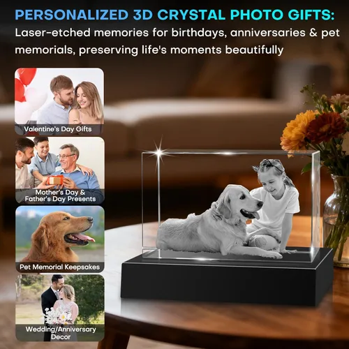 Miniatura 3 de Regalos de foto 3D de cristal personalizados con láser grabados en 3D, marcos de foto personalizados de cristal para aniversario, cumpleaños, boda