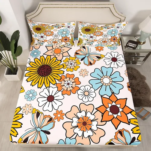 Miniatura 4 de Feelyou Juego de sábanas de flores hippie retro, tamaño individual, juego de sábanas de mariposa para niños y adolescentes, decoración de los años