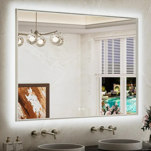 Miniatura 25 de TETOTE Espejo de baño retroiluminado de 30 x 36 pulgadas, marco de metal dorado cepillado, luz LED, 3 colores, blanco/cálido/natural, sin escalones