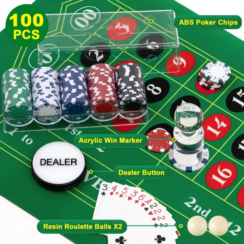 Miniatura 5 de Set de juego de ruleta Lunmon incluye rueda de ruleta negra de 16'' (40 cm), tapete de goma para mesa de 35'' x 16'' (89 cm x 41 cm), 100 fichas