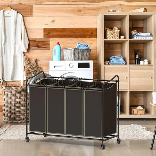 Miniatura 2 de Simple Houseware - Carrito rodante clasificador de ropa sucia con 4 bolsas, color marrón