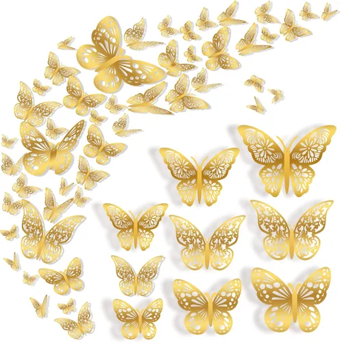 Miniatura 12 de 72 piezas de decoración de pared de mariposa, 3 estilos, 3 tamaños, mariposa 3D, mariposa dorada y oro rosa, decoraciones de boda, decoraciones