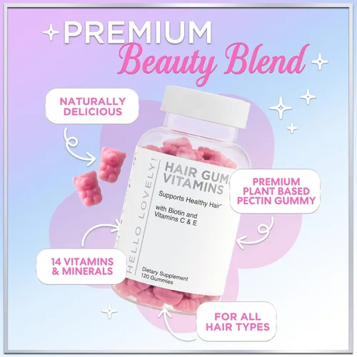 Miniatura 5 de Hello Lovely - Gomitas de vitaminas para el cabello con biotina, 5000 mcg de vitaminas E y C que apoyan el crecimiento del cabello, vegetariano