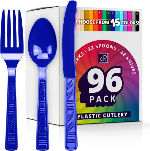 DecorRack Juego de cubiertos de plástico de color azul real para fiestas, 96 piezas de utensilios resistentes a granel (azul rey, 96 piezas)