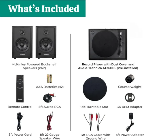 Miniatura 9 de Electrohome Montrose Record Player Stereo System, 4" Bluetooth Powered Bookshelf Speakers, Belt-Drive Turntable with Audio-Technica Stylus, Speed