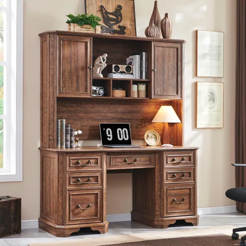 Miniatura 18 de T4TREAM - Escritorio ejecutivo de 59" estilo granja con estante superior, escritorio de madera para oficina en casa, con bandeja para teclado