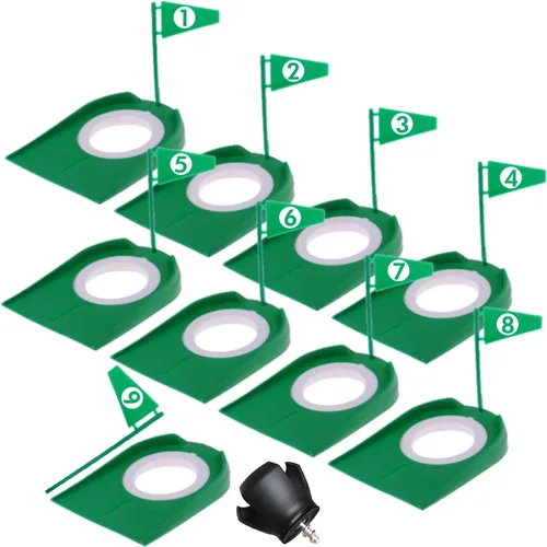 Paquete de 9 tazas de golf con banderas, ayudas de entrenamiento de golf de plástico con recuperador de pelotas de golf, juego de agujeros de