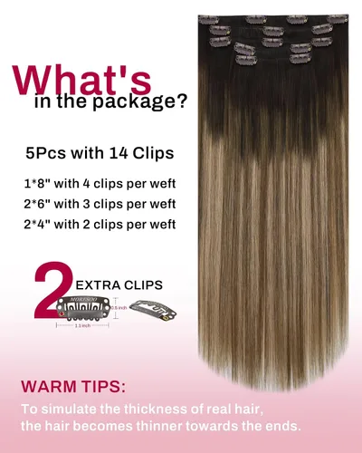 Miniatura 3 de Moresoo Extensiones de cabello humano con clip, balayage, color marrón oscuro a marrón dorado con clip, extensiones de cabello humano con clip, 5