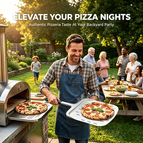 Miniatura 4 de Pala de pizza de 12 pulgadas, pala grande de aluminio para pizza con mango ergonómico largo y superficie antiadherente perforada, accesorios