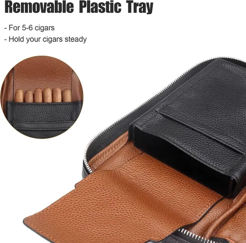 Miniatura 4 de FIREDOG Bolsa de cigarros, de cuero genuino, portátil, caja de cigarros para el día del padre, hombres, marido (capacidad para 5-6 puros, negro)