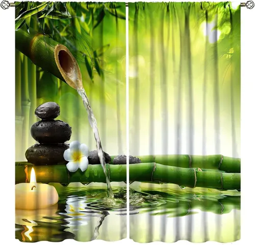 Miniatura 11 de Cortinas con estampado de bambú verde natural, plantas asiáticas, japonesas, tallos rústicos, hojas, cortina de selva con bolsillo para cortinero