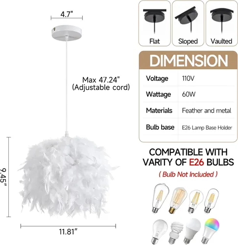 Miniatura 2 de ZYLEISENBAO Lámpara nórdica de plumas blancas, lámpara colgante de plumas blancas de 11.85 pulgadas, luces de comedor peludas, lámpara colgante