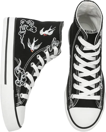 kufeiti - Tenis de lona de alta calidad para mujer, zapatos de lona con cordones, color blanco y negro, casuales, para caminar
