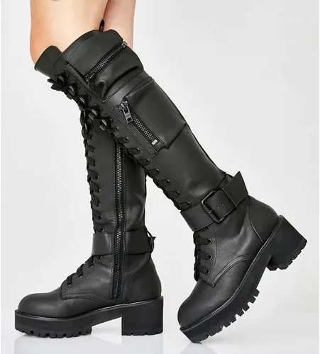 Miniatura 6 de VNWOREFL Botas de tacón bajo para mujer con suela gruesa con cierre de encaje decoración de otoño e invierno