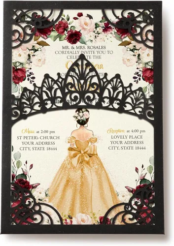 Miniatura 20 de 50 invitaciones de quinceañera con corona negra perlada cortada con láser Invitaciones de cumpleaños florales burdeos para Sweet 16/Miss XV