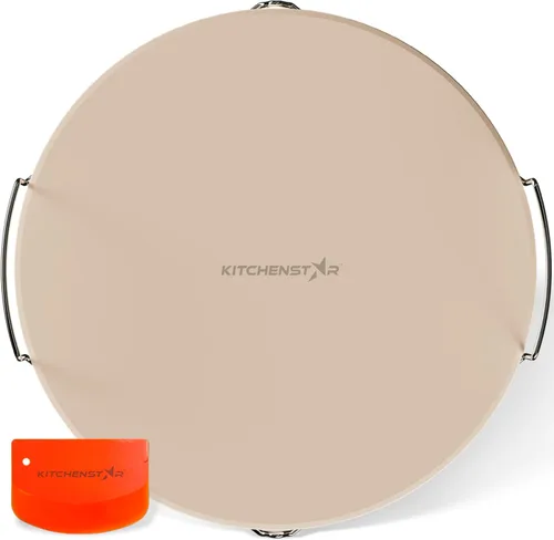KitchenStar Piedra para pizza de 16 pulgadas para horno y parrilla de barbacoa con asas, redonda, 5/8 pulgadas de grosor, cordierita natural,