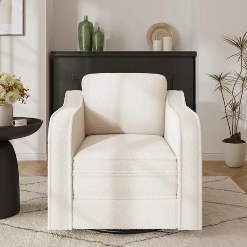 Miniatura 7 de FiveWillowise Silla giratoria decorativa para sala de estar, sillón tapizado de 30 pulgadas en barril, cómodo sillón moderno individual para Marrón