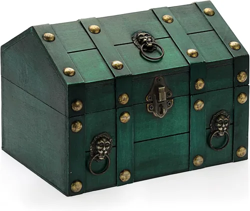 ELLDOO Cofre del tesoro de madera vintage, caja de almacenamiento del tesoro pirata para regalos de niños, fiesta temática pirata, caja decorativa