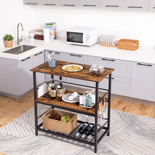 Miniatura 4 de HOOBRO Isla de cocina con estante para vino, contador industrial de isla con ganchos y rieles protectores, estante de cocina de 3 niveles