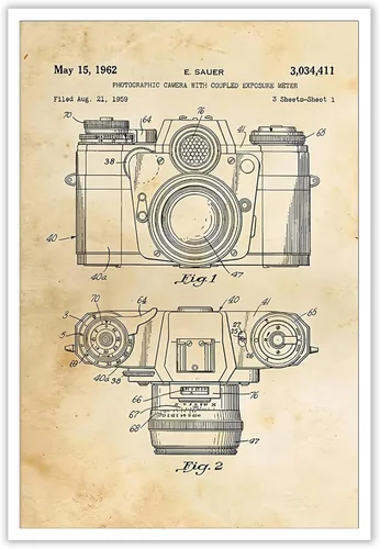 Lienzo con estampado de patente para cámara, arte de pared, póster de dibujo de patente vintage, clásico, fresco, entusiastas de la fotografía,