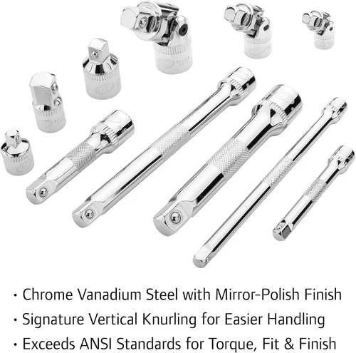 Miniatura 3 de Ingersoll Rand - Juego de accesorios de 11 piezas, acero al cromo vanadio, incluye juntas en U, adaptadores y extensiones en unidad de 1/4", 3/8
