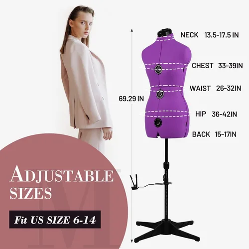 Miniatura 2 de Formas de vestido para costura, maniquí femenino morado ajustable talla 6-14, cuerpo de modelo que se puede sujetar con alfileres con 13 diales