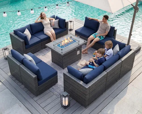 Miniatura 26 de BULEXYARD Juego de 7 piezas de sofá seccional para exteriores con respaldo alto, mesa para fogatas, juego de muebles de patio de mimbre resistente a