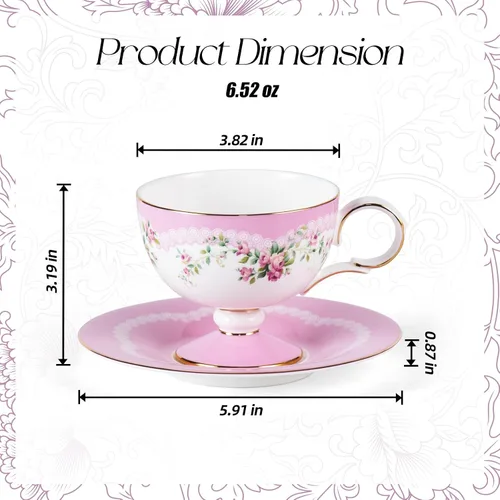 Miniatura 2 de KAMMAK Juego de 2 tazas de café de cerámica, tazas de café de porcelana con platillos, 6.52 onzas hechas a mano, elegante taza de té de porcelana