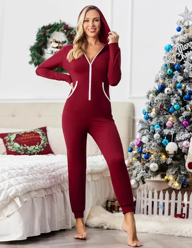 Miniatura 4 de Ekouaer Pijama de Navidad con capucha para mujer, manga larga, con cremallera, ropa de dormir novedosa