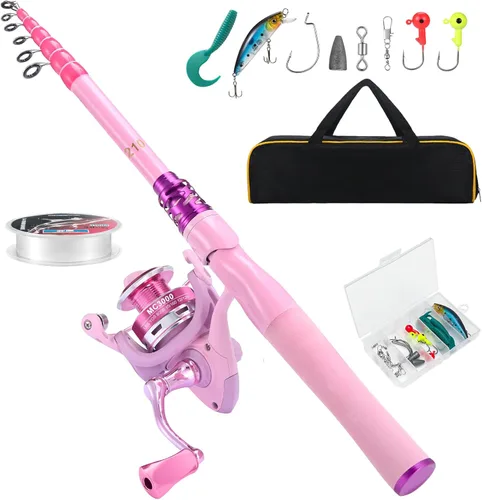 Miniatura 8 de Combos de caña de pescar y carrete, kit de caña de pescar telescópica de fibra de carbono con carrete giratorio, línea de pesca, señuelos de pesca