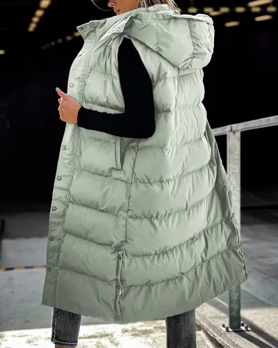 Miniatura 3 de Grlasen Chaleco largo acolchado con capucha para mujer, manga larga, con botones, chaleco acolchado de algodón, abrigo de invierno