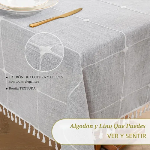 Miniatura 3 de Oubonun Mantel rectangular de lino de algodón, resistente a las arrugas y resistente al agua, lavable a máquina con borlas para cocina y comedor, 55