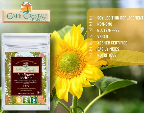 Miniatura 4 de Cape Crystal Polvo de lecitina de girasol 100% natural y sin gluten. Es la alternativa vegana y sin OMG al polvo de lecitina de soja (2 onzas)