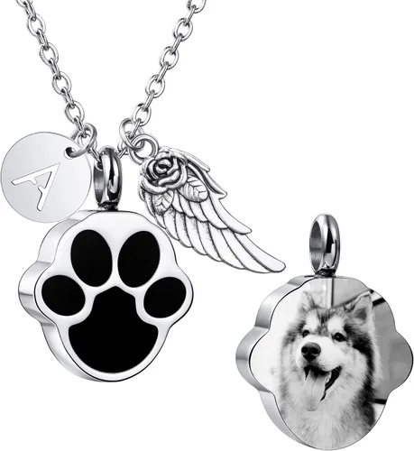 Miniatura 17 de MeMeDIY Collar personalizado con dije de urna de cenizas con estampado de pata de corazón, nombre personalizado, foto, fecha para mujeres, hombres