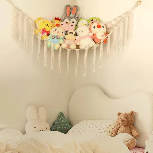 Miniatura 5 de Hamaca Esquinera para Animales de Peluche, Red Grande de Juguetes de Peluche Tejida a Mano con Anillos de Madera Almacenamiento Boho Lindo