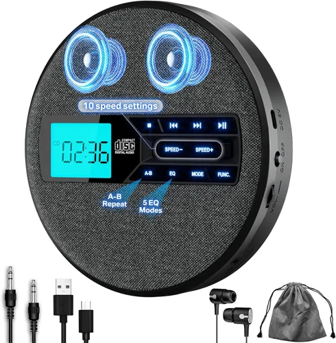 Miniatura 2 de Reproductor de CD portátil, reproductor de CD portátil recargable con altavoces duales y antisalto, CD, USB, AUX, pantalla LCD, botón Negro