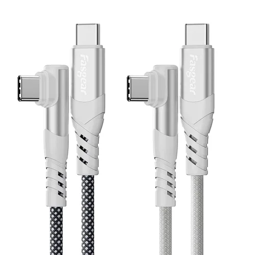 Fasgear Cable USB C a USB C de 100 W – Paquete de 2 cables USB 2.0 tipo C a tipo C PD de 3 pies de carga rápida 5A en ángulo recto compatible con