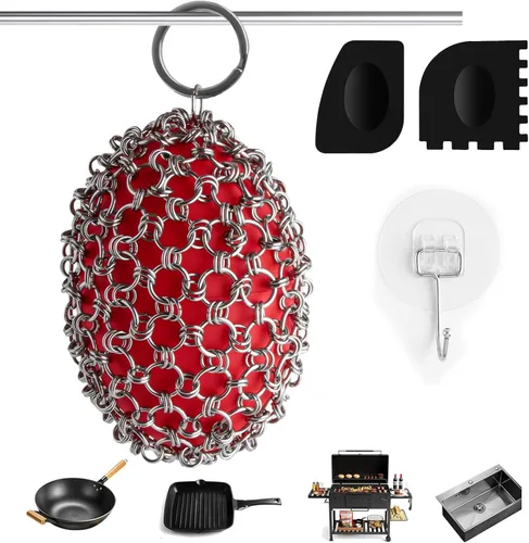Miniatura 8 de Limpiador de hierro fundido, correo de cadena con núcleo de silicona, kit de limpieza de limpiador de sartén de hierro fundido, perfecto para Negro