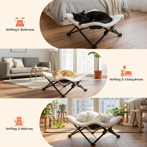 Miniatura 6 de PETKARAY Cama para Gatos Plegable y Elevada, Muebles de Salón Esponjosos para Gatito con Marco de Metal, Cama Colgante Elevada para Gatos