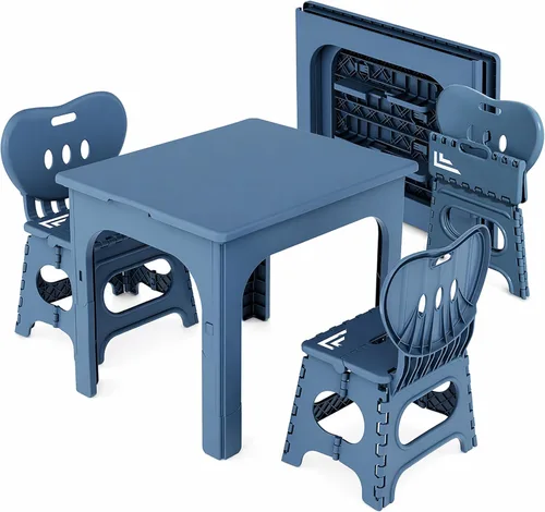 UNICOO® Juego de mesa plegable y ajustable en altura para niños con 2 sillas plegables, compacto, plegable y portátil, para actividades de niños Azul