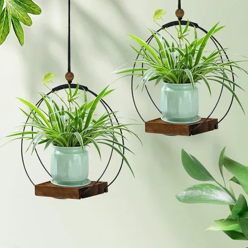 Miniatura 6 de Maceta colgante para plantas de interior, colgador de plantas negro para interiores con base de madera resistente, colgador de plantas de macramé