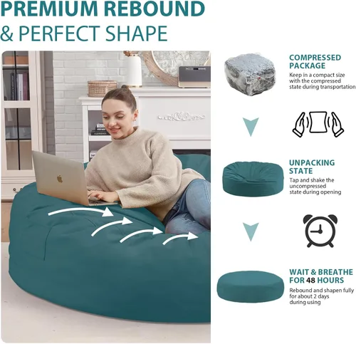 Miniatura 106 de Puf de 5 pies, puf grande con relleno de espuma viscoelástica, sofá puff esponjoso con funda de terciopelo holandés, puf redondo para sala de estar