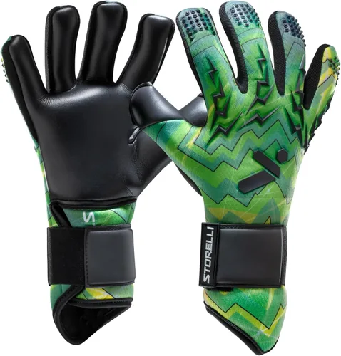 Storelli - Guantes de portero Lightning, protección de mano de alto impacto con 5 espinas de dedo incorporadas, látex alemán New Basic Tormenta Verde