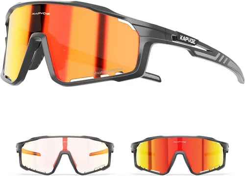 KAPVOE Gafas de ciclismo fotocromáticas para hombres y mujeres, gafas de sol deportivas, marco de decoloración HD, gafas de bicicleta K76 Negro rojo