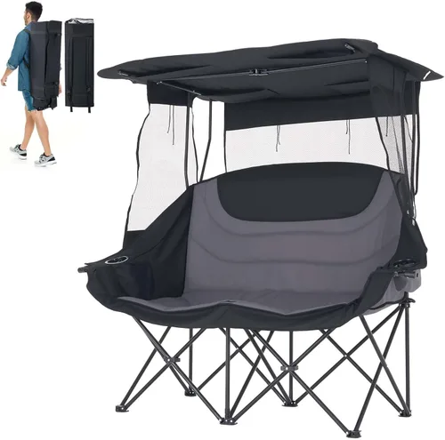 Slsy Silla de campamento doble con toldo, silla de campamento plegable para 2 personas con portavasos y bolsa de almacenamiento, sofá biplaza