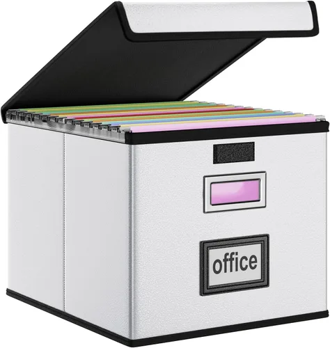 Caja Organizadora de Archivos con Tapa, Caja Organizadora Plegable de Cuero Sintético para Carpetas Colgantes con Rieles de Plástico, Cajas (cuero)