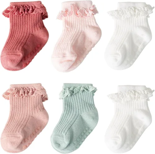 Miniatura 10 de DRESHOW BQUBO Calcetines Antideslizantes para Bebés Niñas Pequeñas - Lindos Calcetines de Tobillo con Volantes y Agarre para Bebés y Niños Pequeños