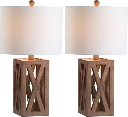 JONATHAN Y Lámpara de mesa de madera de granja marrón de 21.5 pulgadas para mesita de noche y sala de estar, pantalla de tambor de lino blanco,