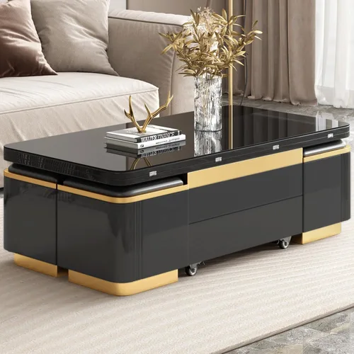 Miniatura 4 de Guyii Mesa de centro elevable con taburetes de almacenamiento, mesa central multifuncional negra con cajones, moderna mesa de comedor extensible
